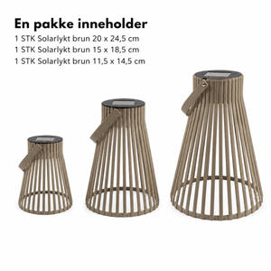 Tre brune solarlykter i størrelsene 11,5 × 14,5 cm, 15 × 18,5 cm og 20 × 24,5 cm, med oversikt over innholdet i pakken. - Lindas dekor 