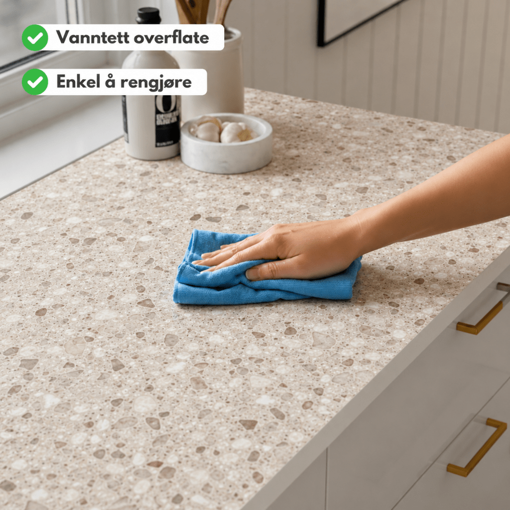 Sahara beige terrazzo-overflate på kjøkkenbenk som tørkes med en blå klut. - Lindas dekor 