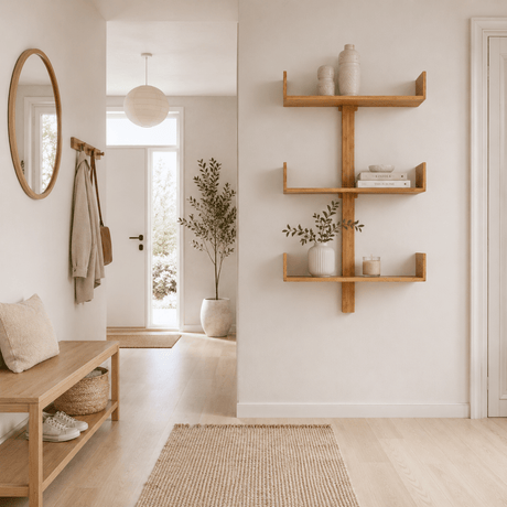Villa vegghylle i bambus montert på lyst bad med speil, servant og naturlige detaljer.