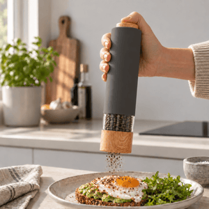Elektrisk krydderkvern i grå antrasitt med trestruktur, brukt til å kverne pepper over mat.
