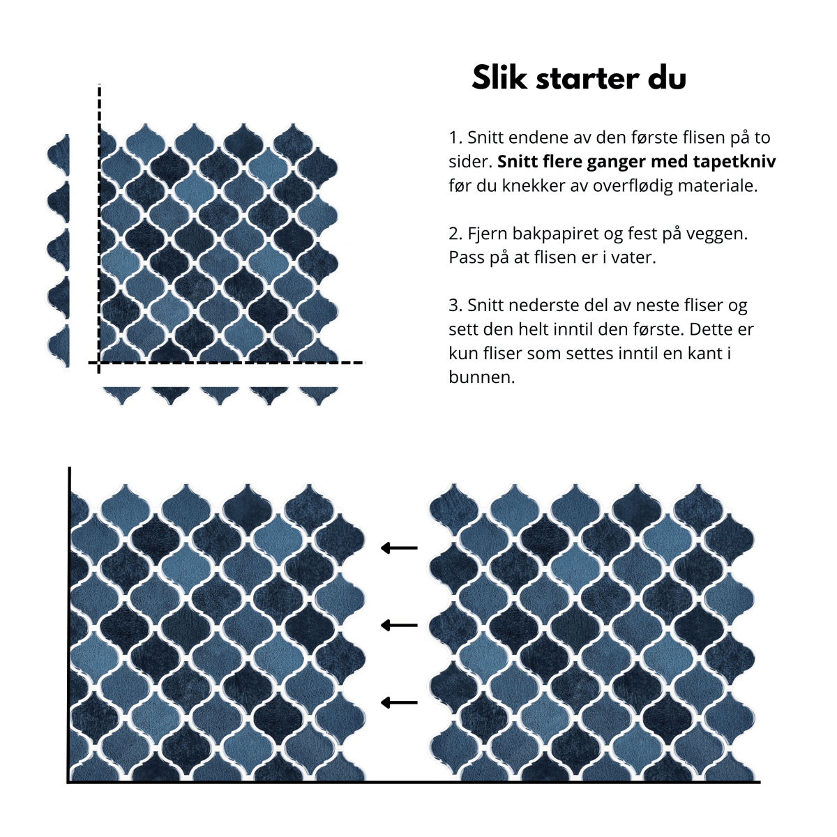 Monteringsveiledning i tre steg for Lanterne marineblå selvklebende veggfliser