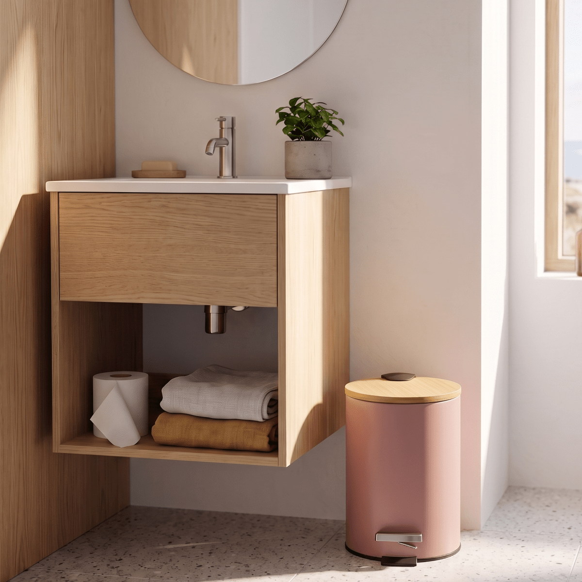 Kompakt beige sopkanna med bambuslock placerad vid servantskapet i badrummet