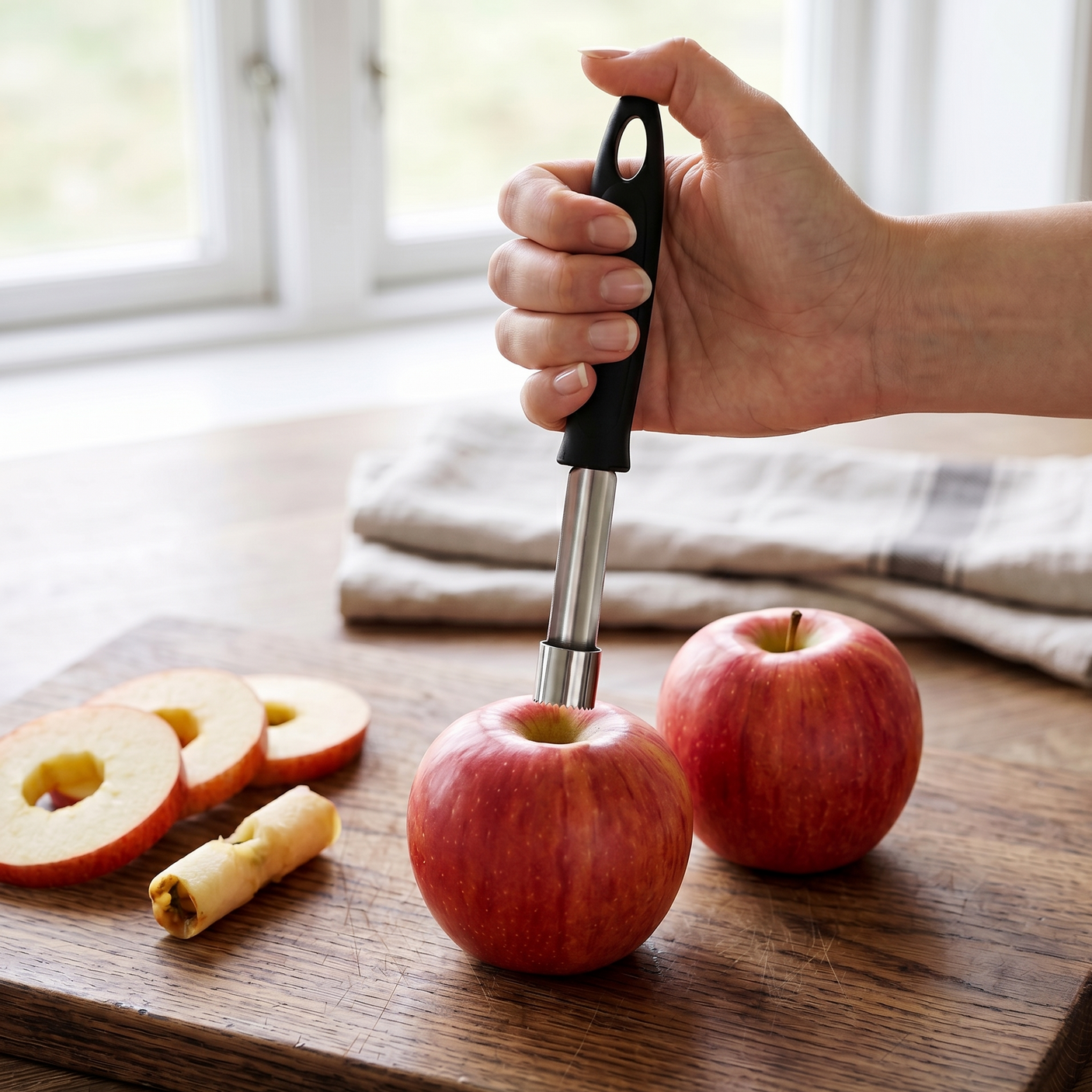 Epleskjærer i rustfritt stål fra KitchenCraft brukt på røde epler på en trebenk, perfekt til raske og jevne epleskiver.