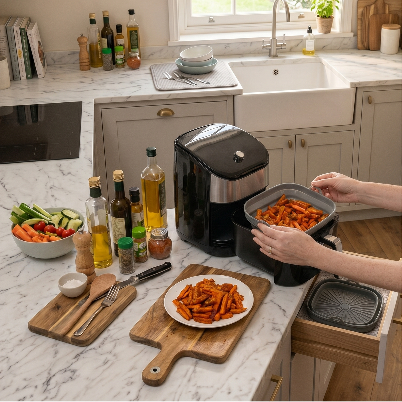 Grått sammenleggbart silikoninnlegg til airfryer 22 x 22 cm fylt med sprø søtpotet fries på et lyst kjøkken med airfryer og kjøkkenutstyr.
