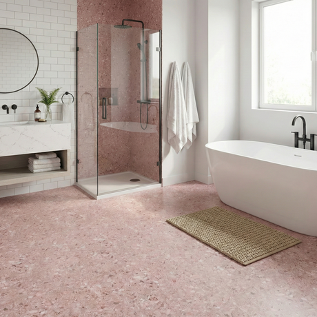 Lisboa Rosé selvklebende veggfliser - moderne terazzomønster med roséfarget base og kunstneriske spetter