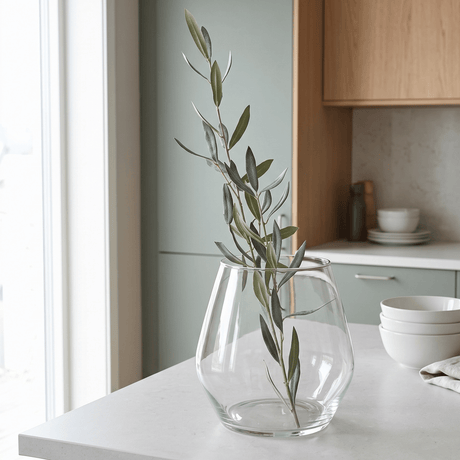 Konstgjord olivkvist 50 cm i klar glassvase på ljus kökssänk