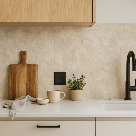 Moderne kjøkken med Grace hexagon selvklebende fliser i beige marmor-look som backsplash, kombinert med lyse skap, hvit benkeplate og sort kjøkkenarmatur – enkel montering uten fugemasse.