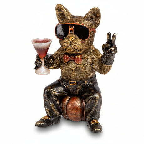 Hund med solbriller og drink – dekorfigur i bronse og gull
