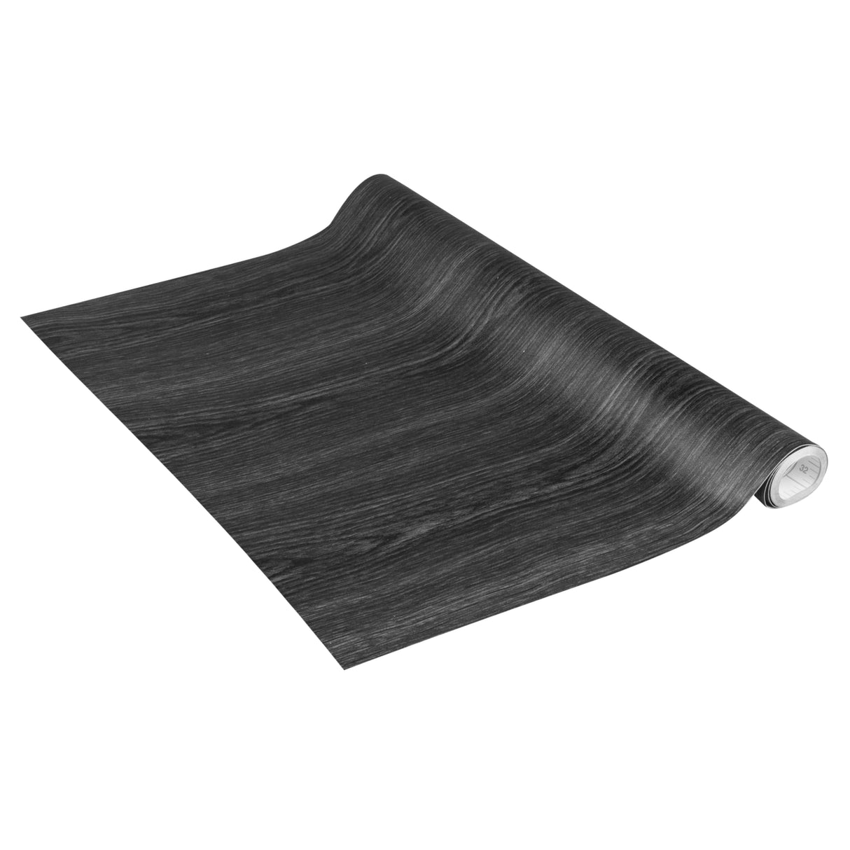 Fleksibel selvklebende møbelfolie i sort trelook rullet ut på hvit bakgrunn