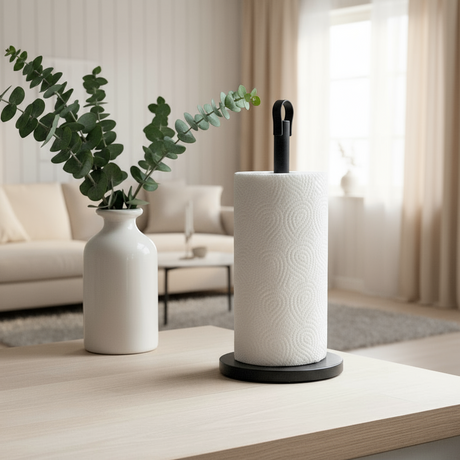 Kjøkkenbenk med sort metallholder og tørkerull