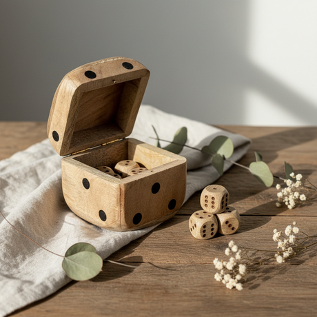 Spillesett med terninger i mangotre og oppbevaringsboks formet som terning