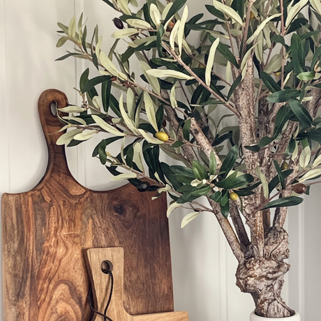 Kunstig oliventre i sort potte med grønne blader