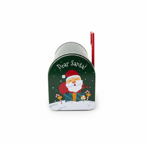 Julepostkasse i grønn metall med rødt flagg – del av julepynt fra Lindas Dekor