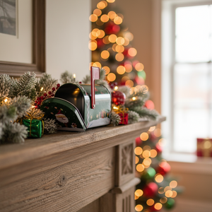 Liten grønn postkasse med nissedekor og rød flagg – juledekor i metall fra Lindas Dekor