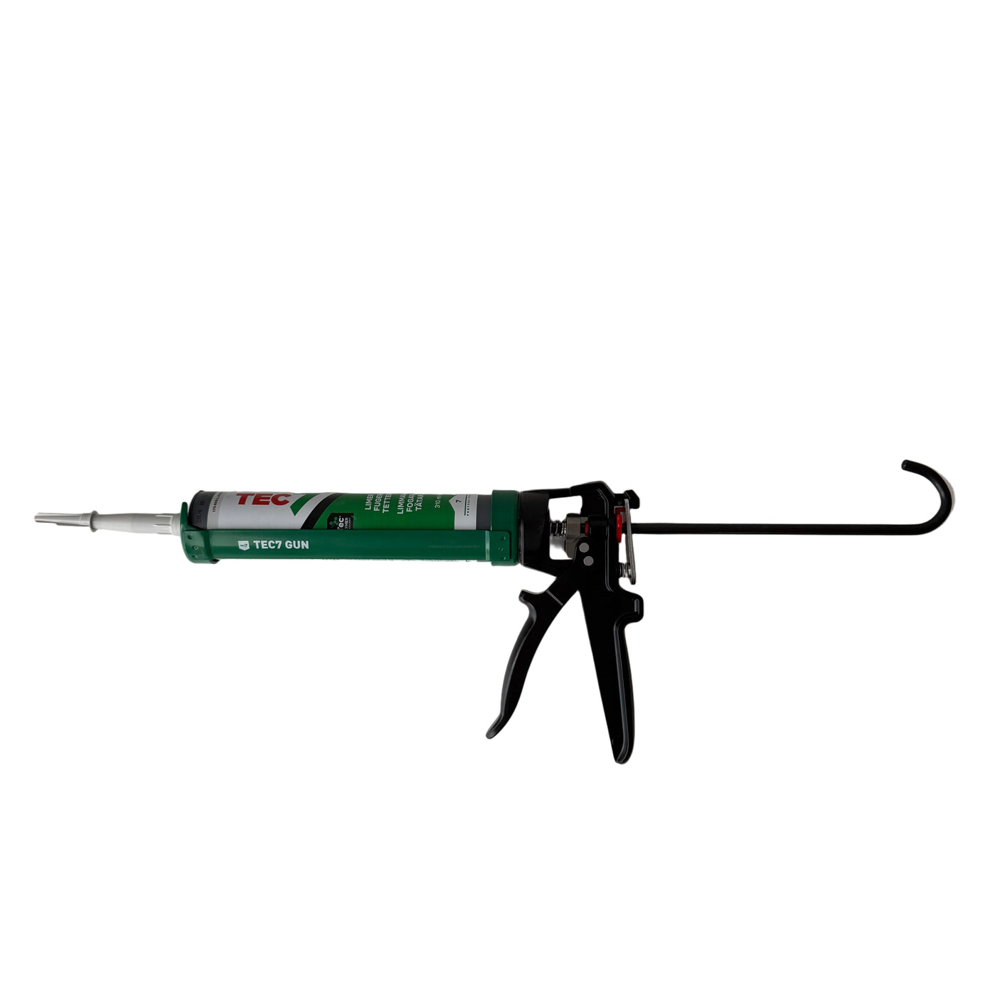 TEC7 fugepistol liggende på hvit flate, robust verktøy for profesjonell fugearbeid.