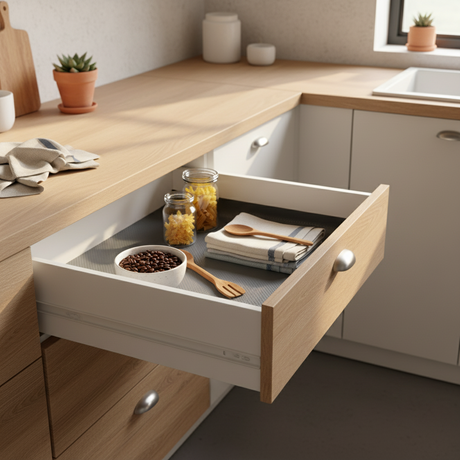 Grå skuffematte i kjøkkenskuff med bestikkinnsats som gir stabil og ryddig oppbevaring.