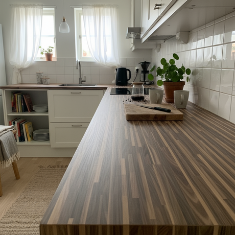 Nærbilde av Birmingham brun kontaktplast med rik brun overflate og premium finish