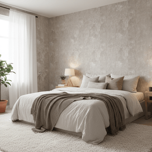 Limewash beige kontaktplast brukt som tapet på soverom. Lyn behagelig farge