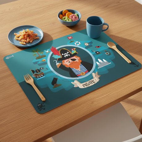 Bordbrikke med piratmotiv på barnebord med frokost