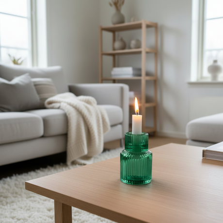 grønn lysestake i hånd som viser størrelse og form