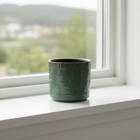 Grønn firkantet keramikkpotte 14 cm med grønnplante, moderne design