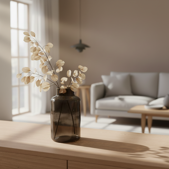 Grå dekorvase i resirkulert glass med tørkede strå, plassert på bord i stue – moderne interiør fra Lindas Dekor.