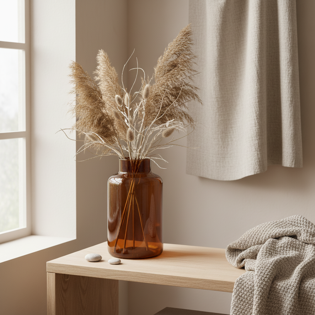Amberfarget dekorvase i resirkulert glass med pampasgress, plassert i vinduskarm – varm og moderne interiørstil fra Lindas Dekor.