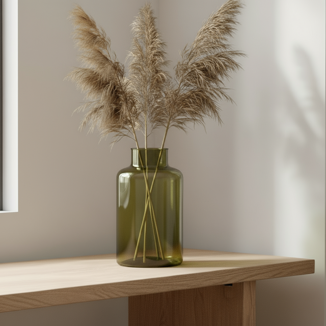 Grønn dekorvase i resirkulert glass med pampasgress, plassert på bord i naturlig lys – moderne interiør fra Lindas Dekor.