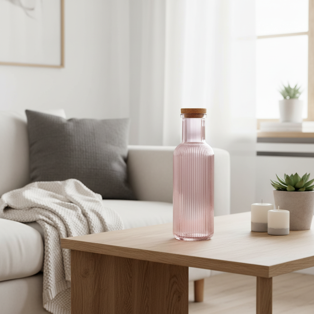Glassflaske rosa 1 liter 28cm med korklokk - dekorativ oppbevaring