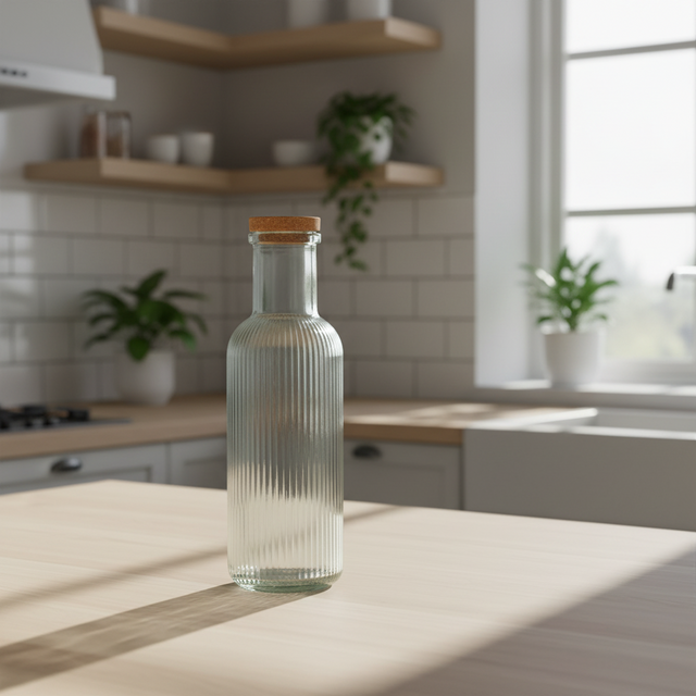 Glassflaske 1 liter 28 cm høy med naturlig korklokk i 4 assorterte design