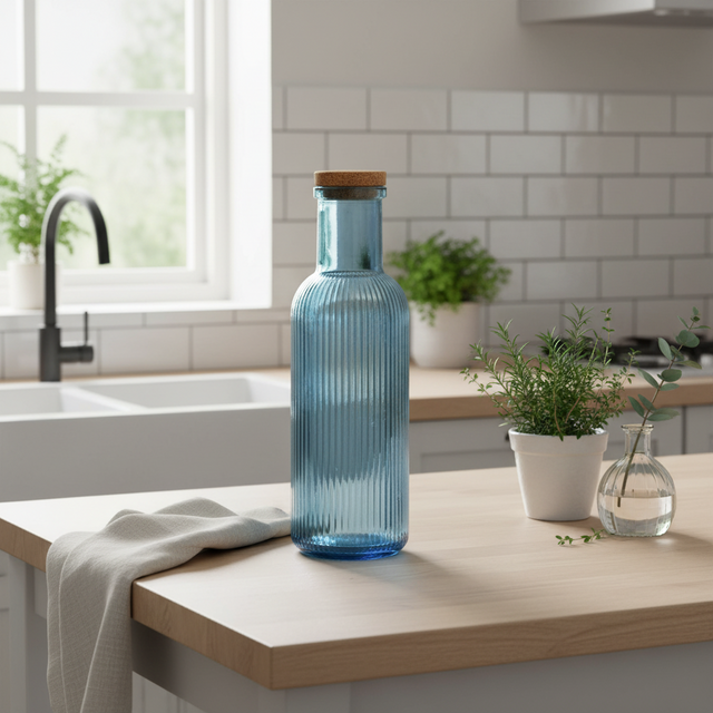 Glassflaske blå 1 liter med kork 28cm - elegant oppbevaring