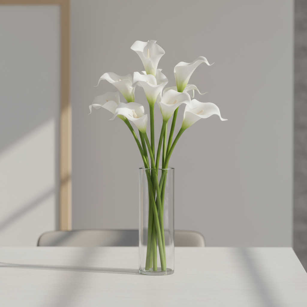 Elegant bukett med hvite kalla-liljer og grønne blader i en vase, plassert på et festpyntet bord i en moderne og lys stue.