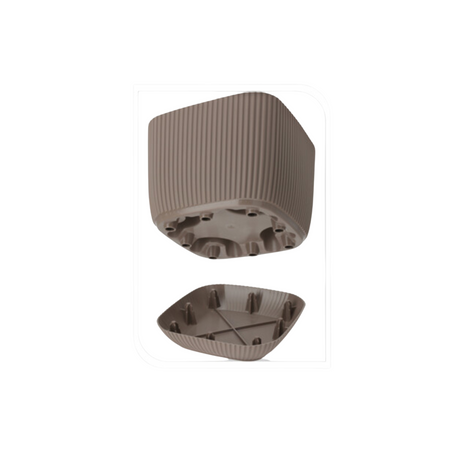 Bunn av brun potte vist separat, med integrert underfat og dreneringssystem.