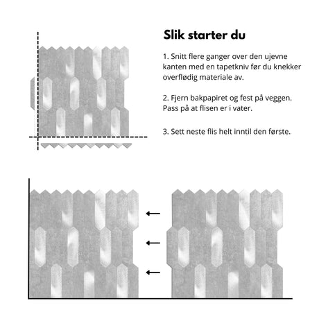 Demonstrasjon av montering av Stein lys grå hexagon selvklebende fliser