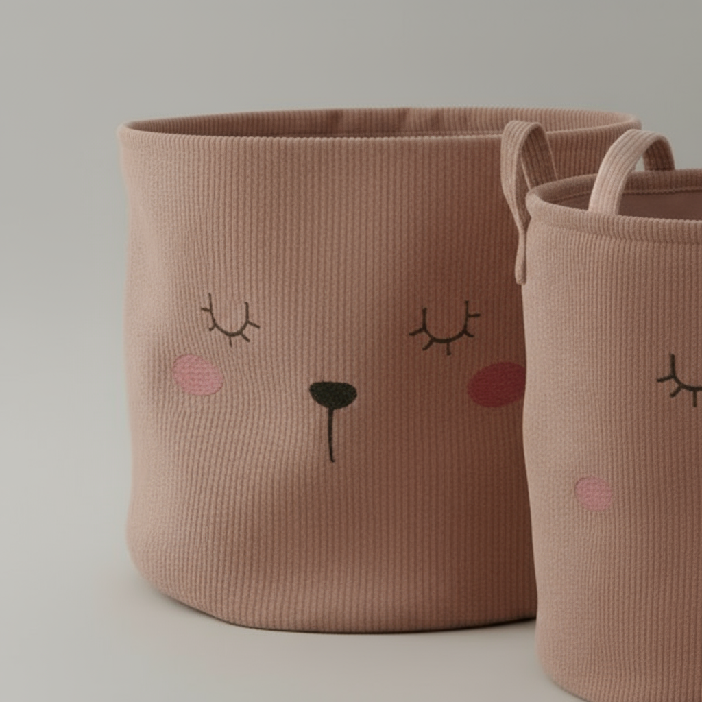 Oppbevaringskurver i cordstoff med bjørn- og kattemotiv zoom