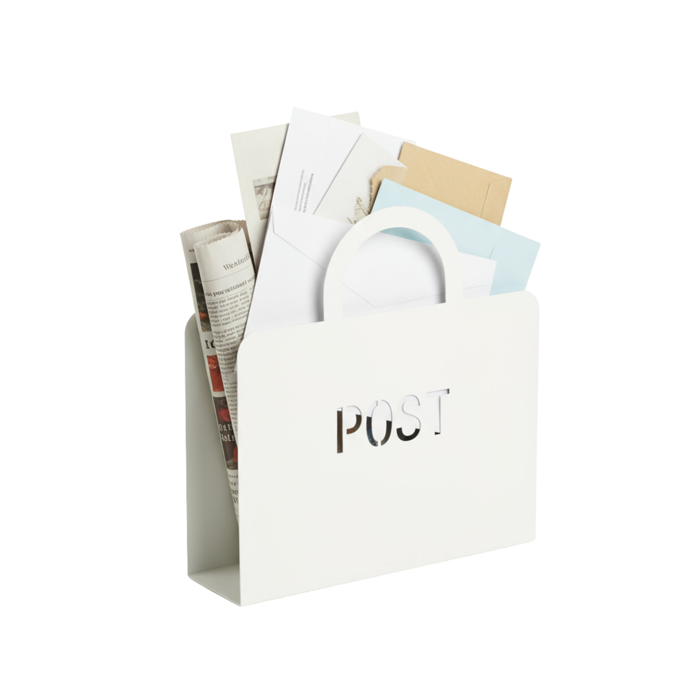 Minimalistisk metallbag i hvitt, sett forfra.