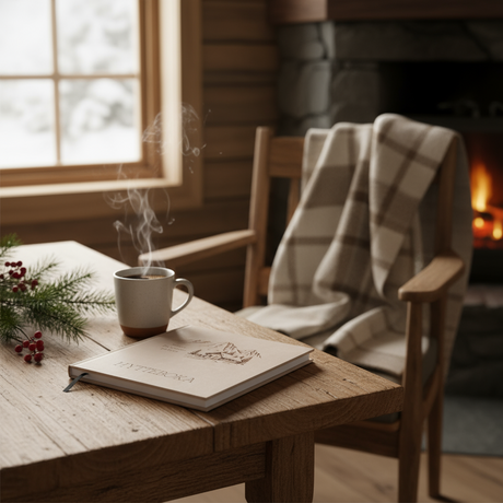 Hyttebok i beige på trebord i hytteinteriør, omgitt av tente lys og granbar ved vindu.