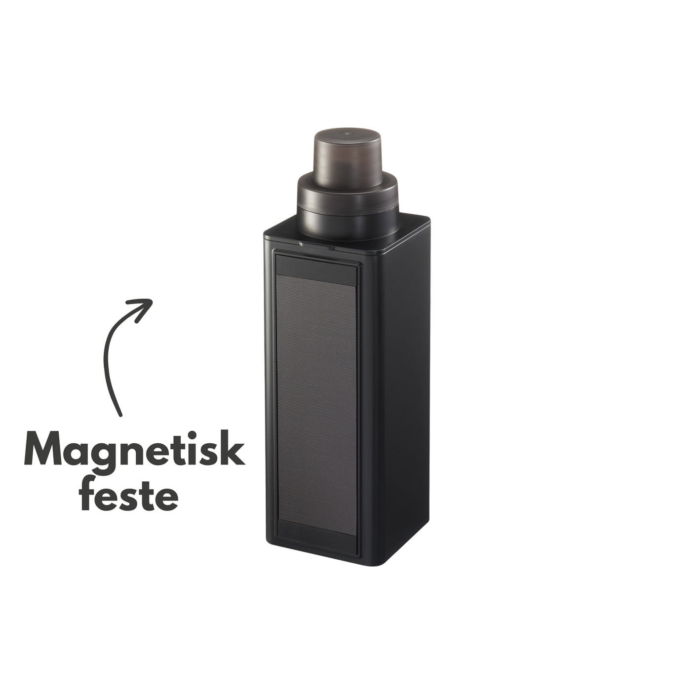 Hånd som heller oppvaskmiddel fra sort magnetisk flaske.