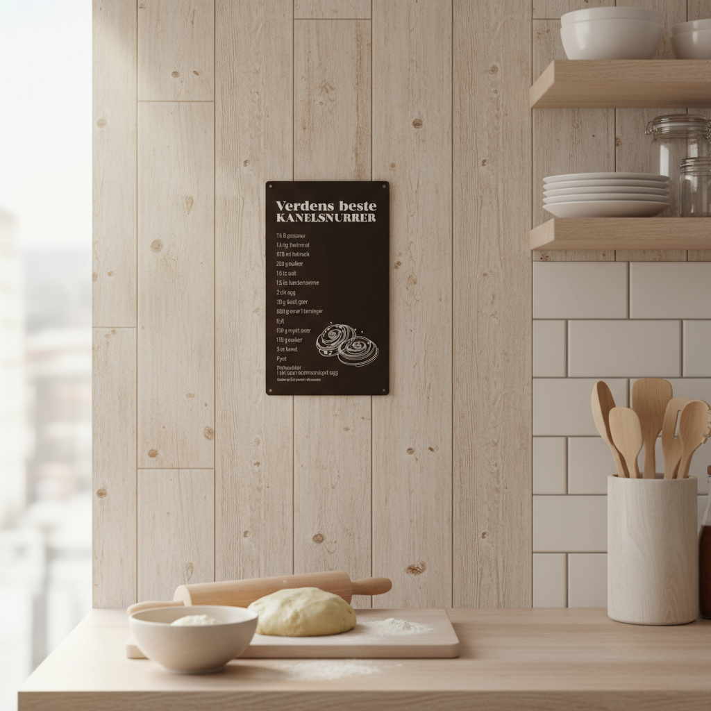 Skilt i metall med hvit tekst og oppskrift på kanelsnurrer