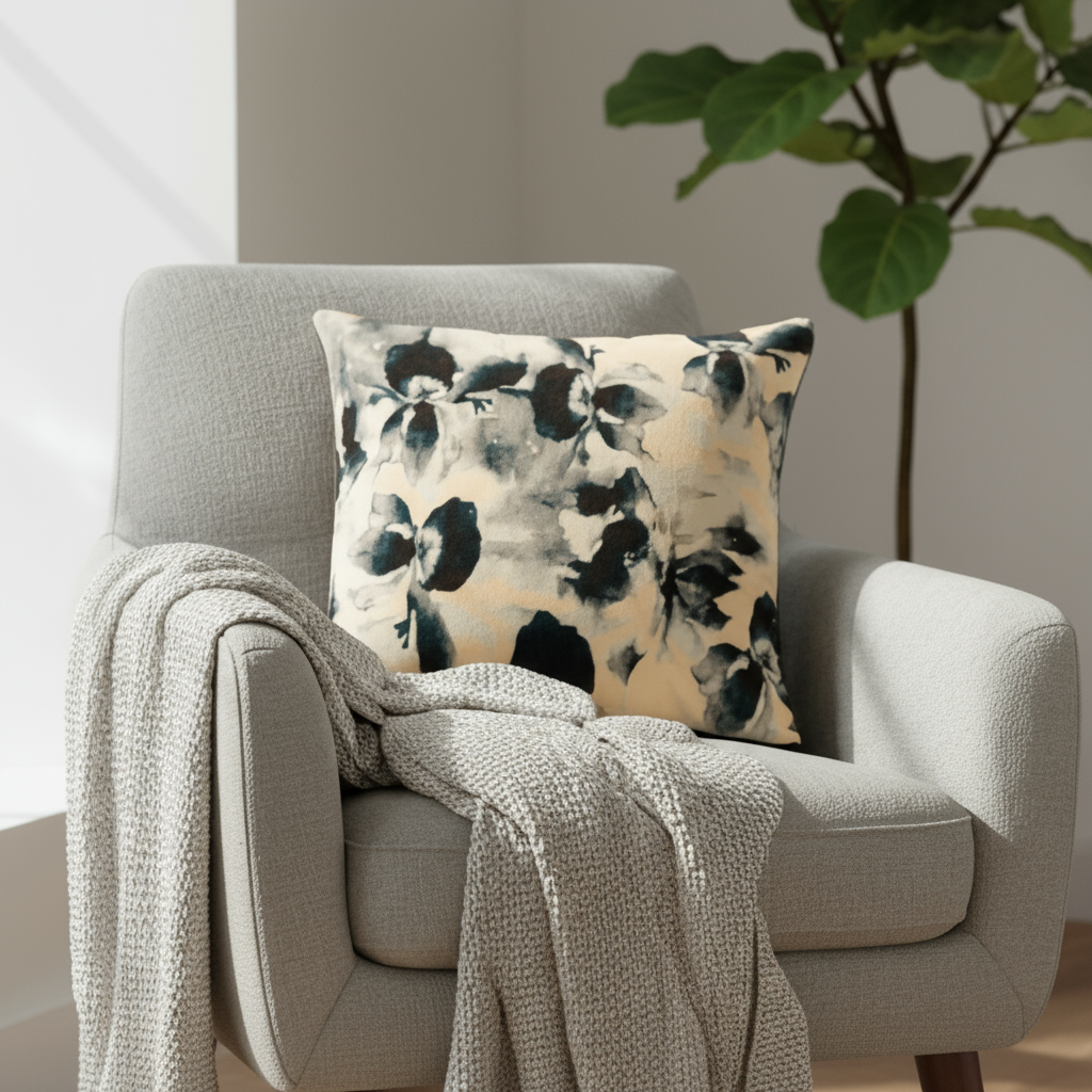 Putetrekk i blå akvarell velur 45 × 45 cm