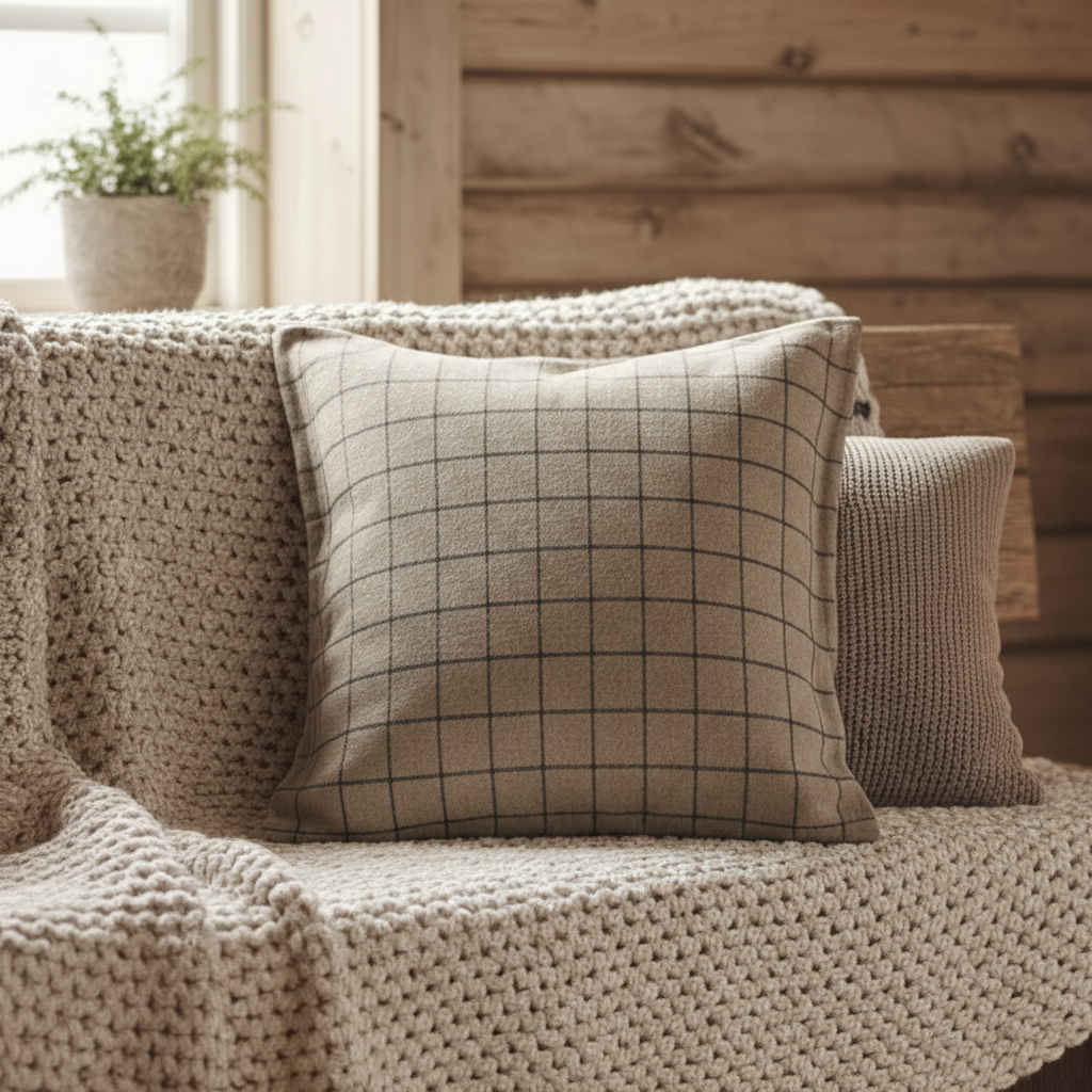 Halvor Bakke pute beige ruter interiør