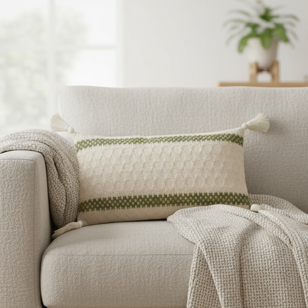 Putetrekk vevd i bomull og lin med grønne striper og dusker