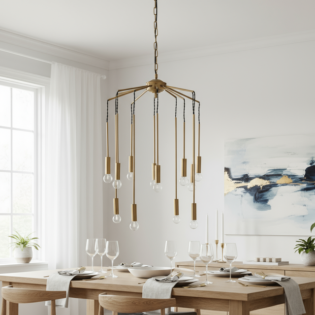 taklampe i gull metall med 12 armer og klaseform