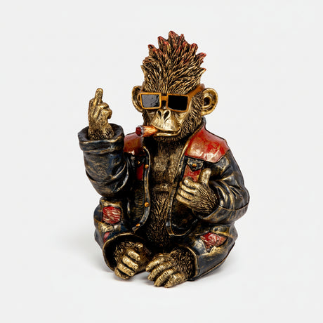 Dekorativ apefigur med solbriller, skinnjakke og sigar i rockestil