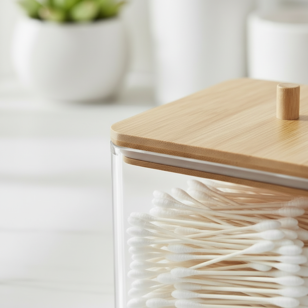 Oppbevaringsboks med bambuslokk - kompakt størrelse for sminkeprodukter og smykker

