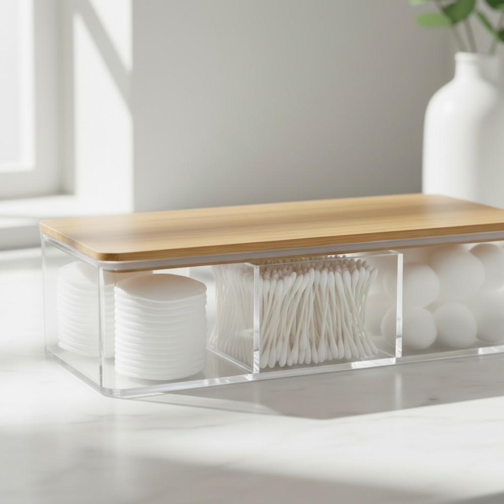 Oppbevaringsboks bambus inkludert q-tips og pads"