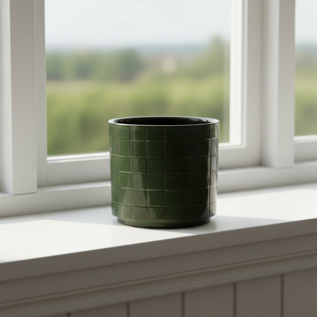 Detaljbilde av firkantet blomsterpotte i grønn keramikk med glatt finish