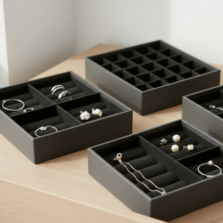 Smykkeboks svart kunstskinn åpen med 4 separate rom for smykkeoppbevaring