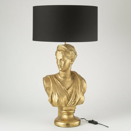 Skulpturlampe Lady Bust i gullfarget resin, statement-piece bordlampe 72 cm