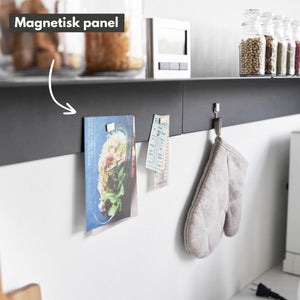 Kombinasjon av hyller med oppbevaring og oppheng for kjøkkenutstyr